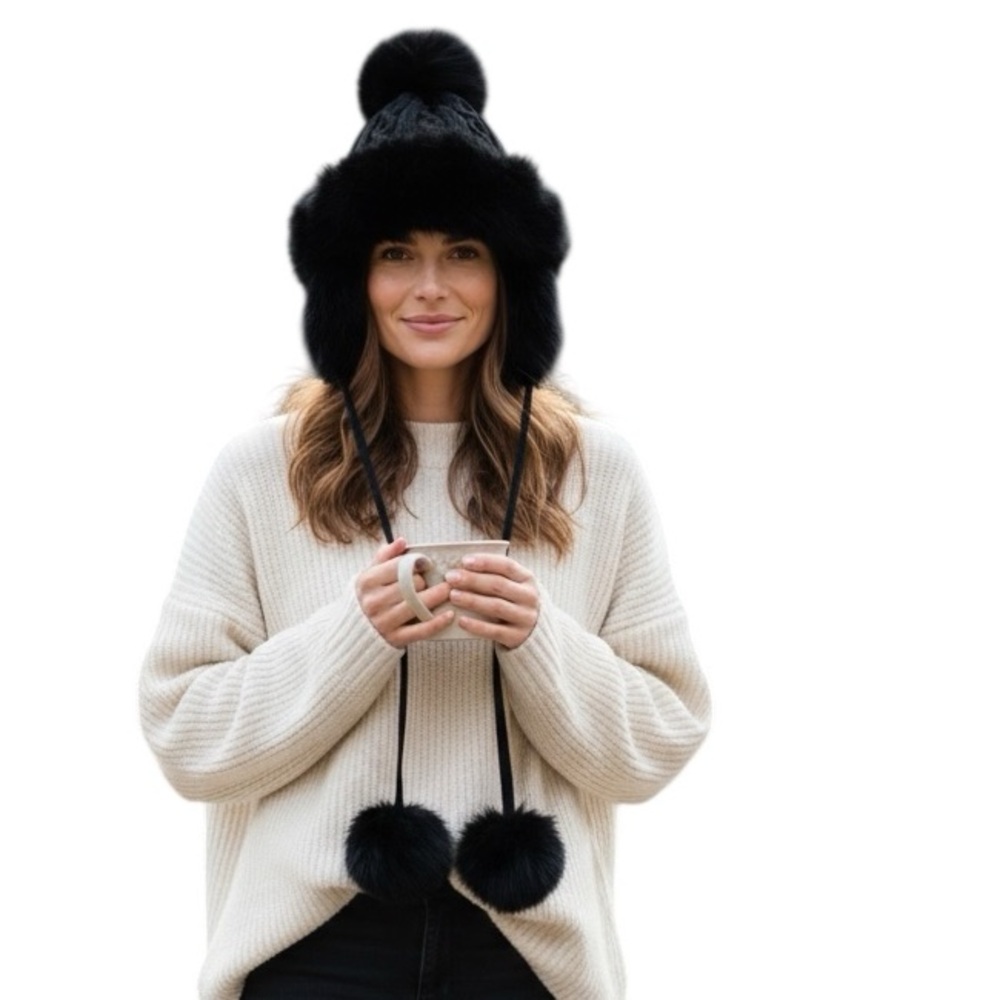 Black Faux Fur Pom-Pom Hat